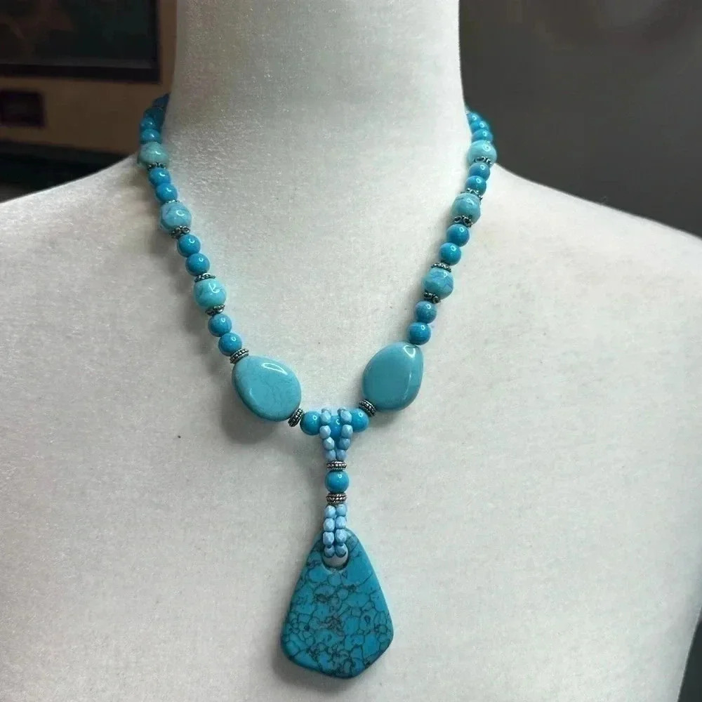 Western Turquoise Statement Necklace 11” Drop